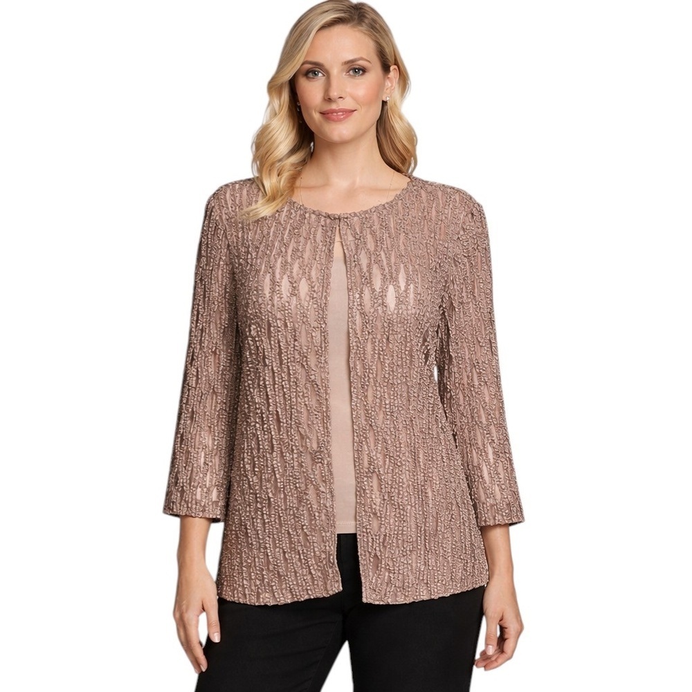 Alex Evenings Sheer Open Front Jacket Size 16 Taupe Metallic Mesh Cover Up